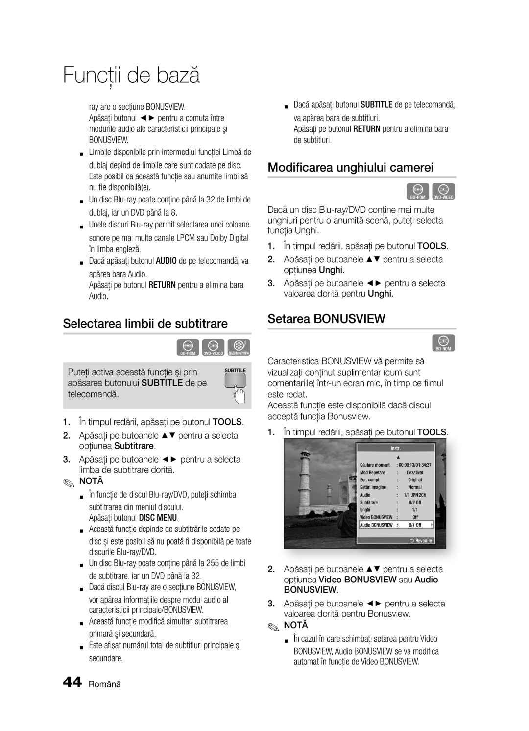 Samsung BD-D5300/EN manual Selectarea limbii de subtitrare, Modificarea unghiului camerei, Setarea Bonusview 