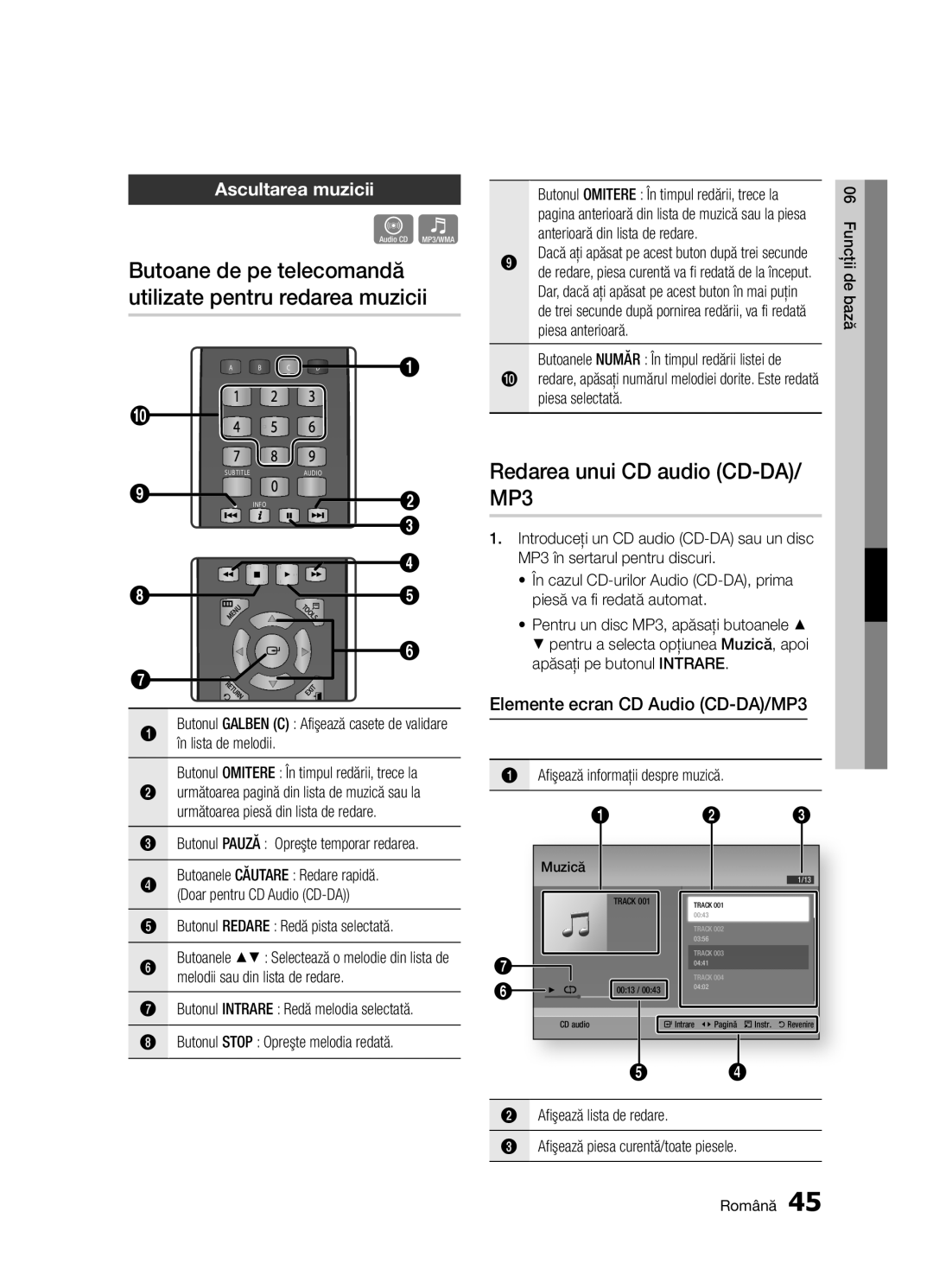 Samsung BD-D5300/EN manual Butoane de pe telecomandă utilizate pentru redarea muzicii, Redarea unui CD audio CD-DA/ MP3 