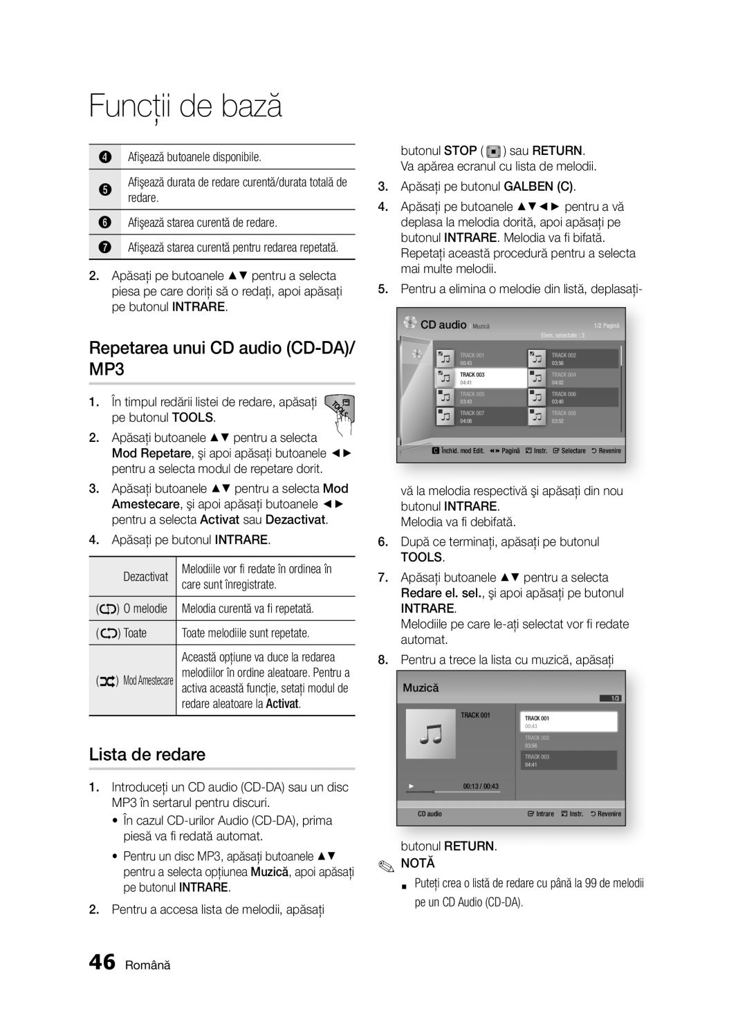 Samsung BD-D5300/EN manual Repetarea unui CD audio CD-DA/ MP3, Lista de redare 