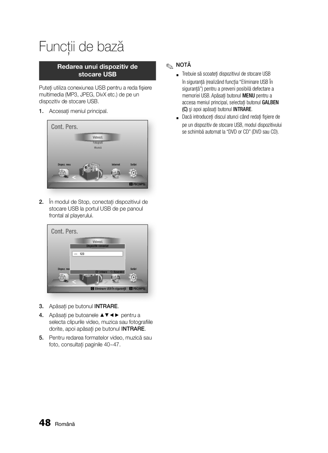 Samsung BD-D5300/EN manual Redarea unui dispozitiv de, Stocare USB 