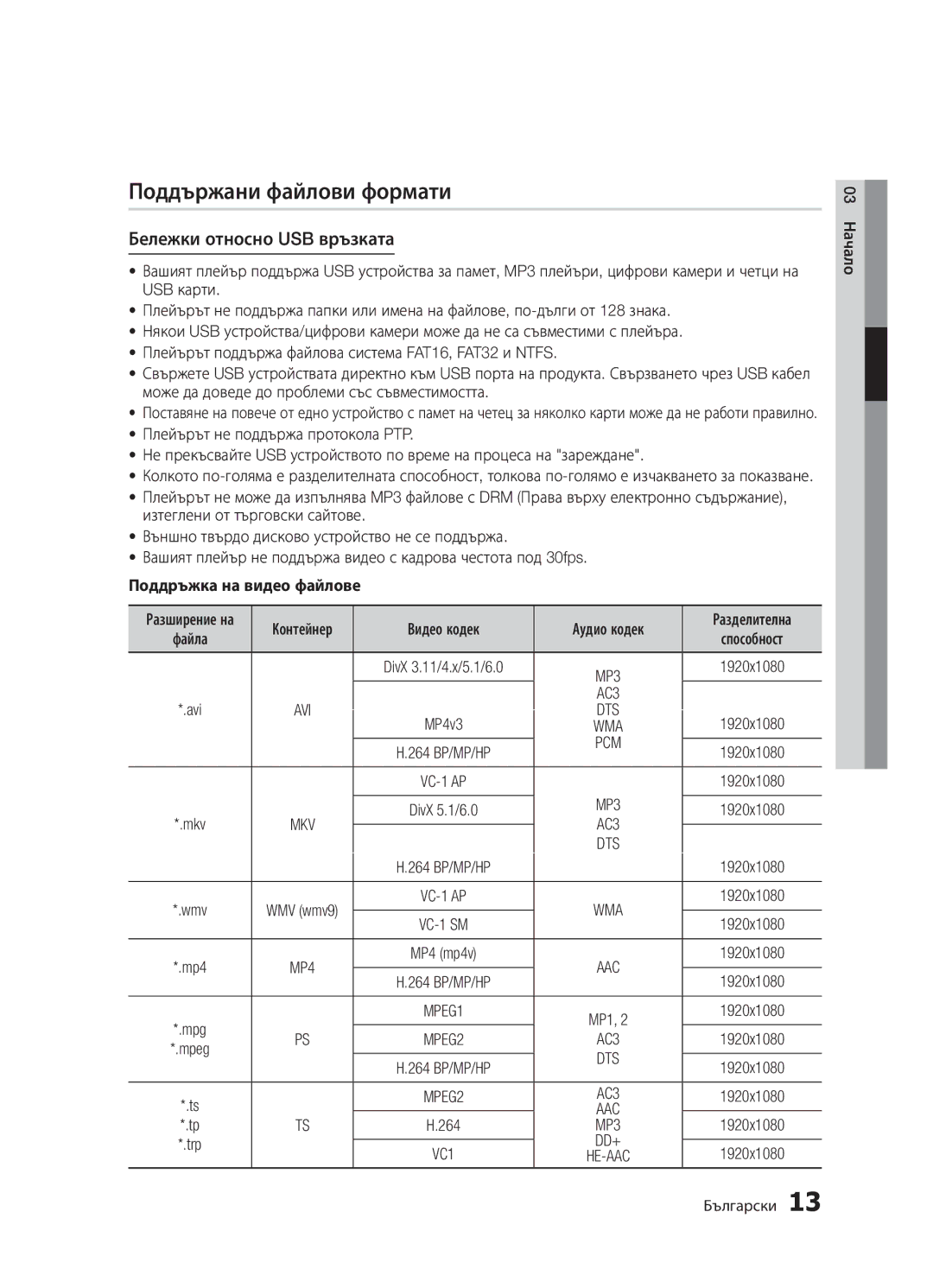 Samsung BD-D5300/EN manual Поддържани файлови формати, Бележки относно USB връзката, Поддръжка на видео файлове, Avi, AC3 