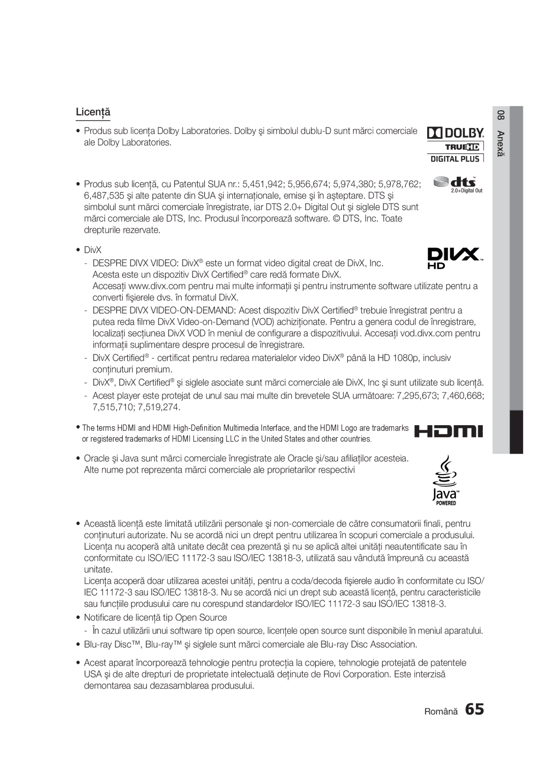 Samsung BD-D5300/EN manual Licenţă, 515,710 7,519,274, Notificare de licenţă tip Open Source 