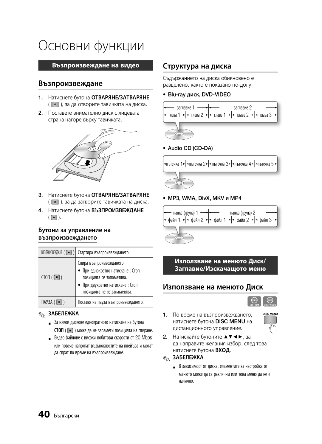 Samsung BD-D5300/EN manual Основни функции, Възпроизвеждане, Структура на диска, Използване на менюто Диск 