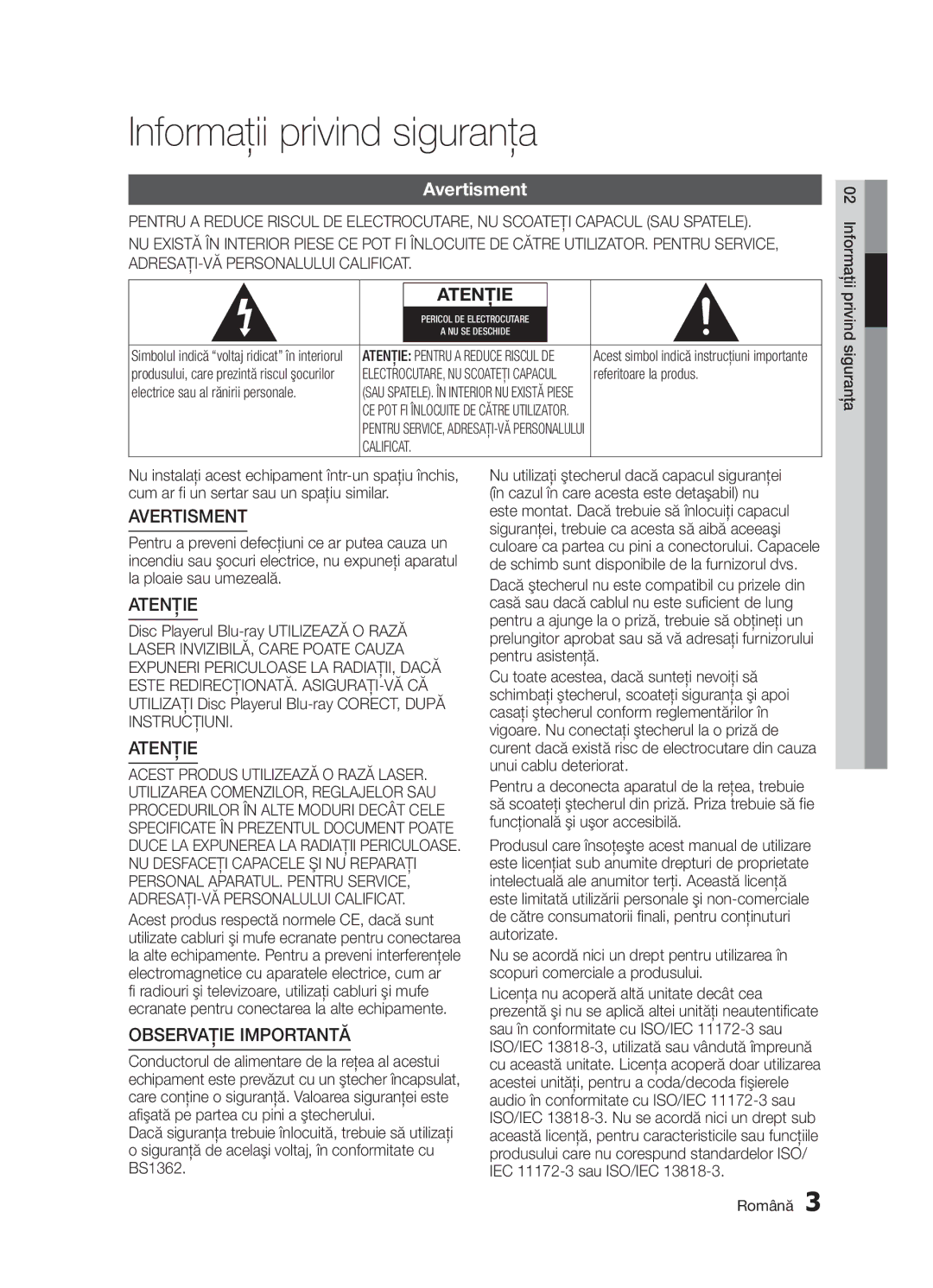 Samsung BD-D5300/EN Informaţii privind siguranţa, Avertisment, Referitoare la produs, Electrice sau al rănirii personale 