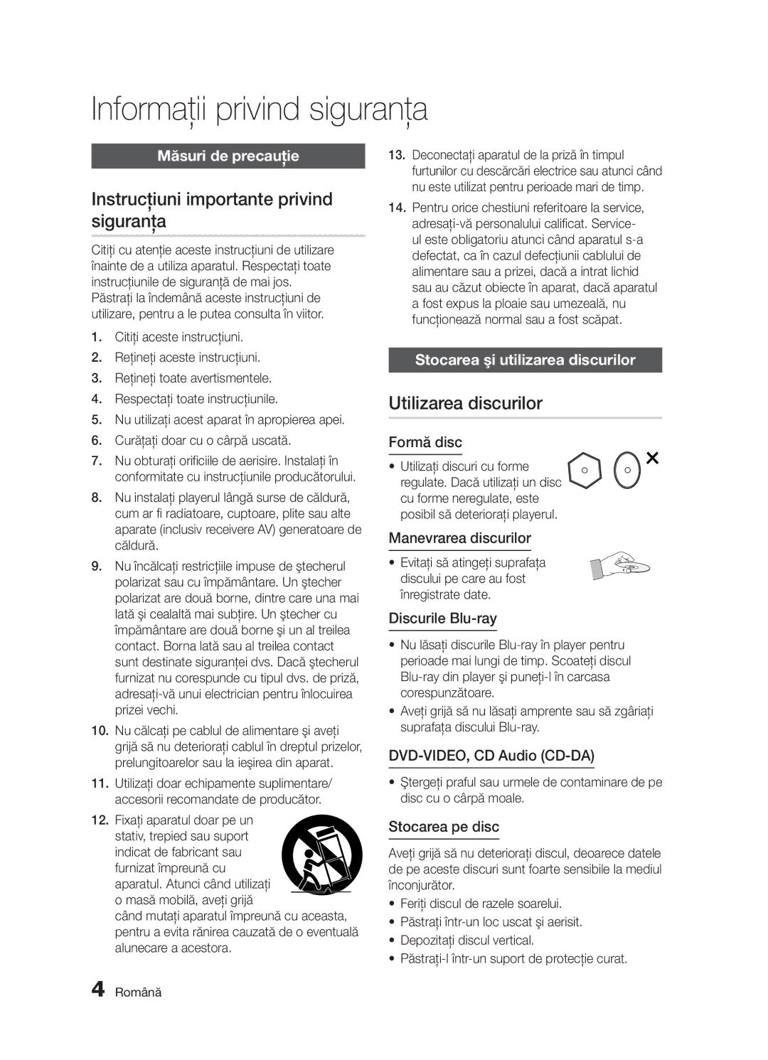 Samsung BD-D5300/EN manual Instrucţiuni importante privind siguranţa, Utilizarea discurilor, Măsuri de precauţie 