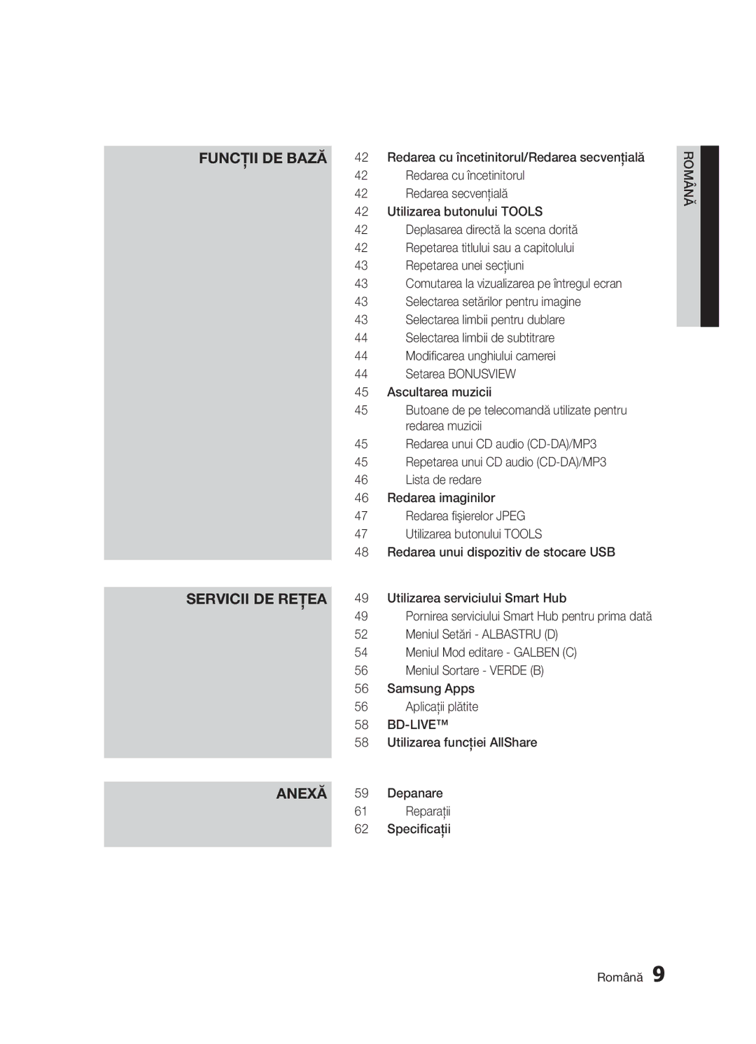 Samsung BD-D5300/EN manual Utilizarea funcţiei AllShare, Depanare, Reparaţii, Specificaţii 