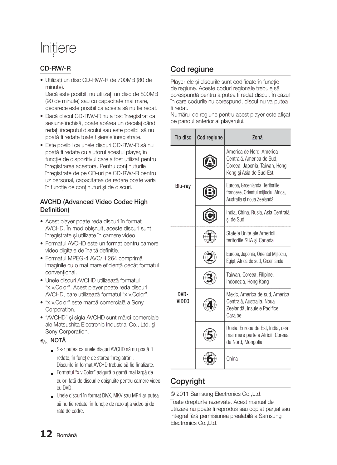 Samsung BD-D5300/EN manual Cod regiune, Copyright, Avchd Advanced Video Codec High Definition, Dvd 