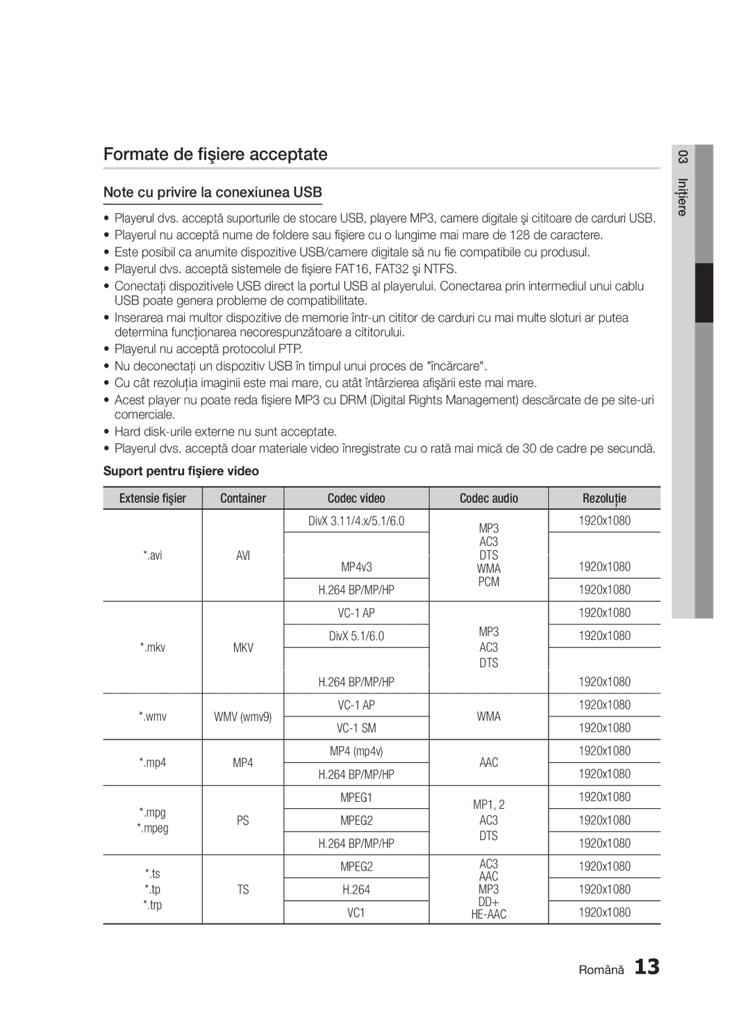 Samsung BD-D5300/EN manual Formate de fişiere acceptate, Suport pentru fişiere video, 264, 1920x1080 