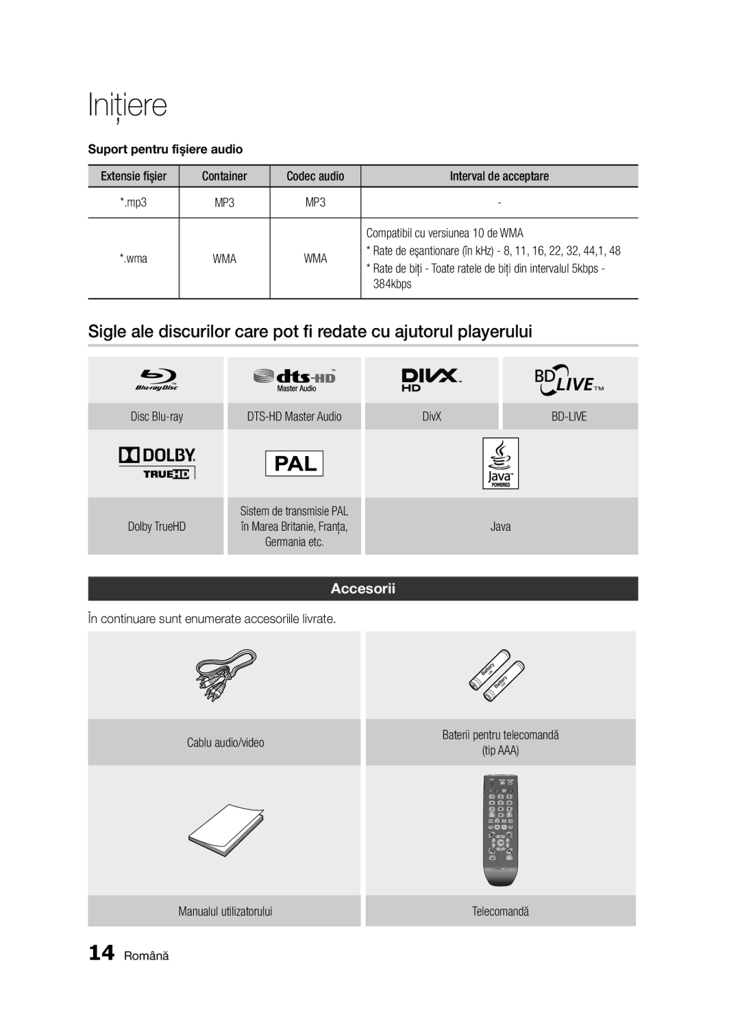 Samsung BD-D5300/EN manual Accesorii, Suport pentru fişiere audio, Compatibil cu versiunea 10 de WMA, 384kbps 