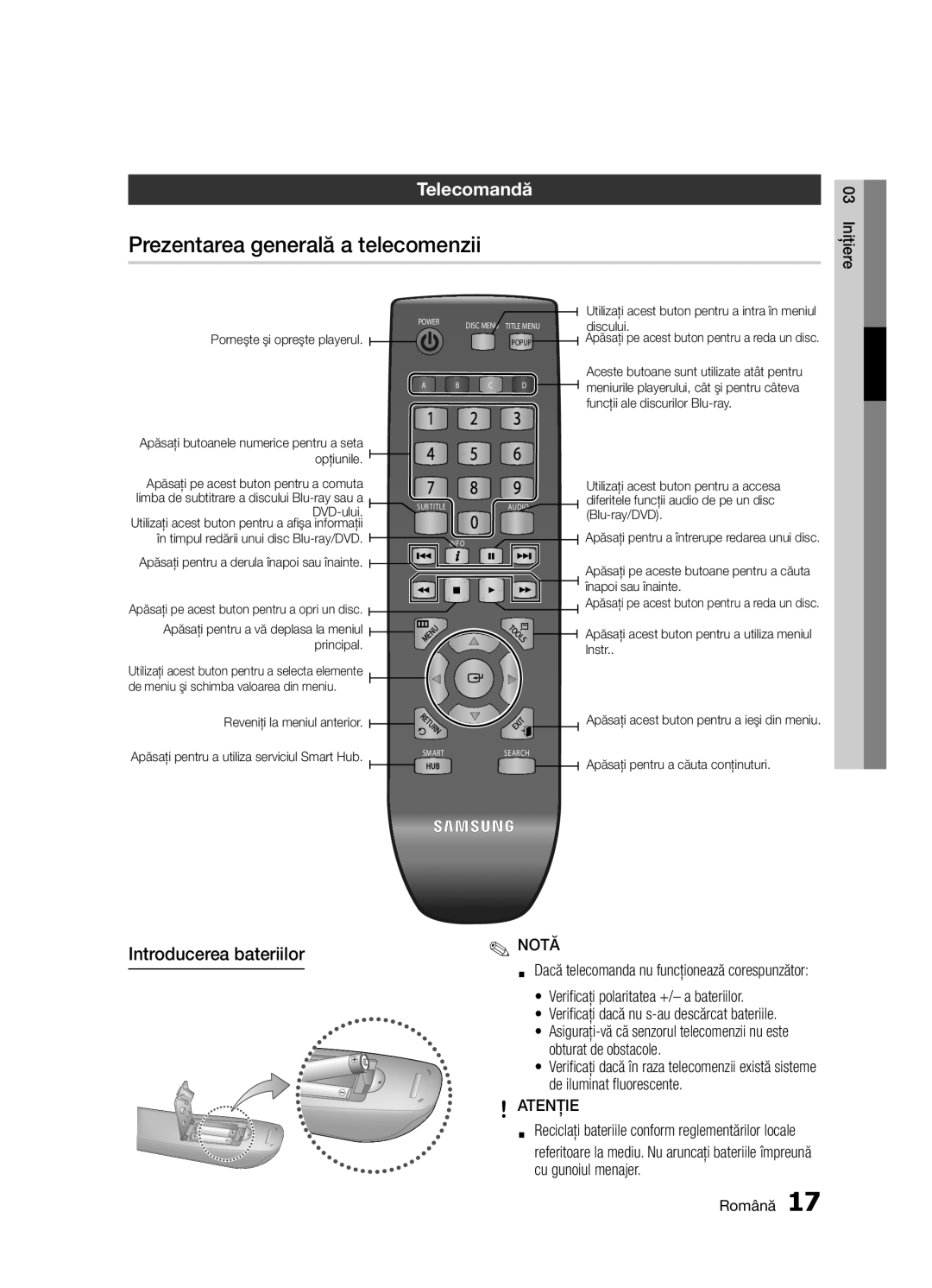 Samsung BD-D5300/EN manual Prezentarea generală a telecomenzii, Telecomandă, Introducerea bateriilor, Atenţie, 03 Iniţiere 