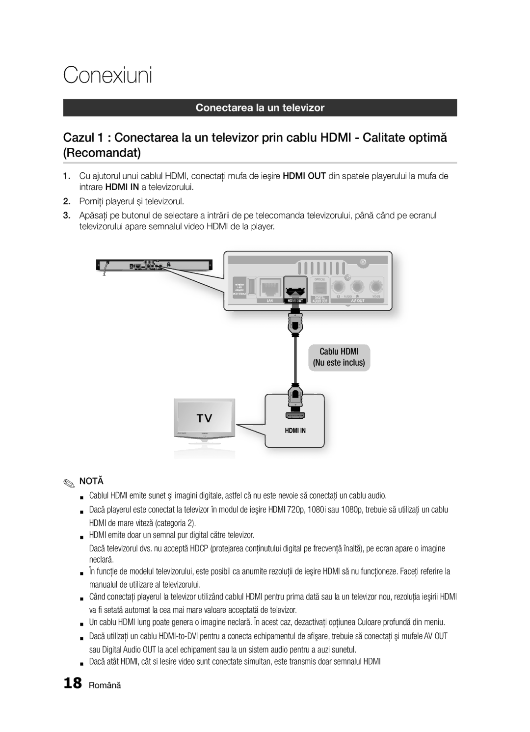 Samsung BD-D5300/EN manual Conexiuni, Conectarea la un televizor, 18 Română 