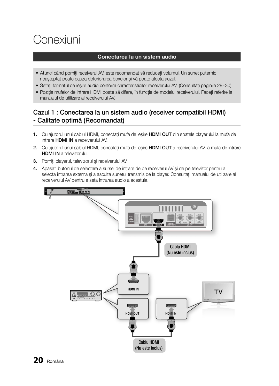 Samsung BD-D5300/EN manual Conectarea la un sistem audio, 20 Română 