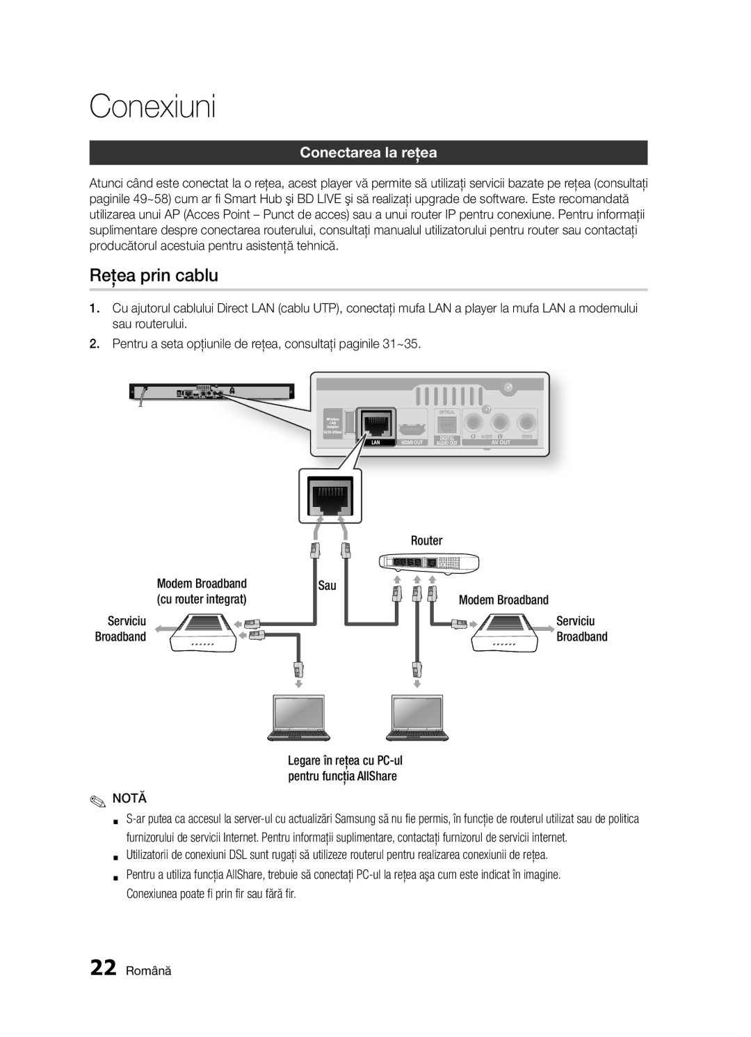 Samsung BD-D5300/EN manual Reţea prin cablu, Conectarea la reţea, 22 Română 