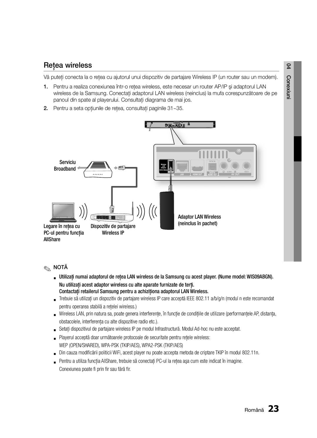 Samsung BD-D5300/EN manual Reţea wireless 