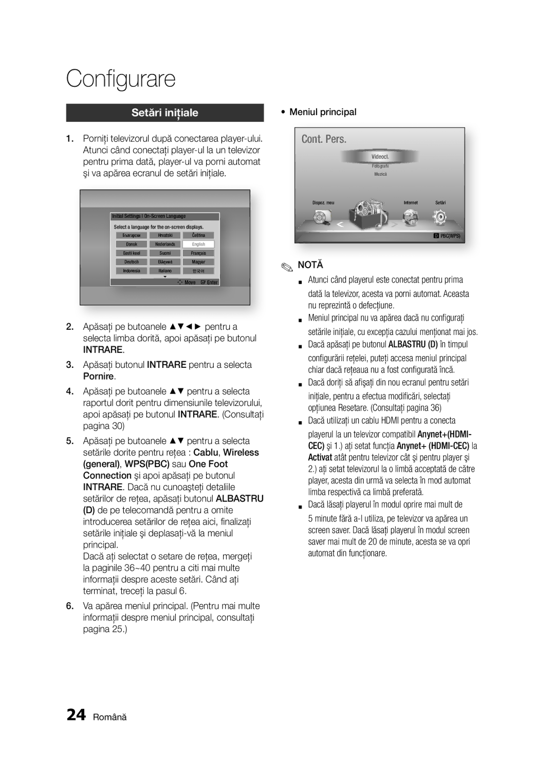 Samsung BD-D5300/EN manual Configurare, Setări iniţiale, Intrare, 24 Română 