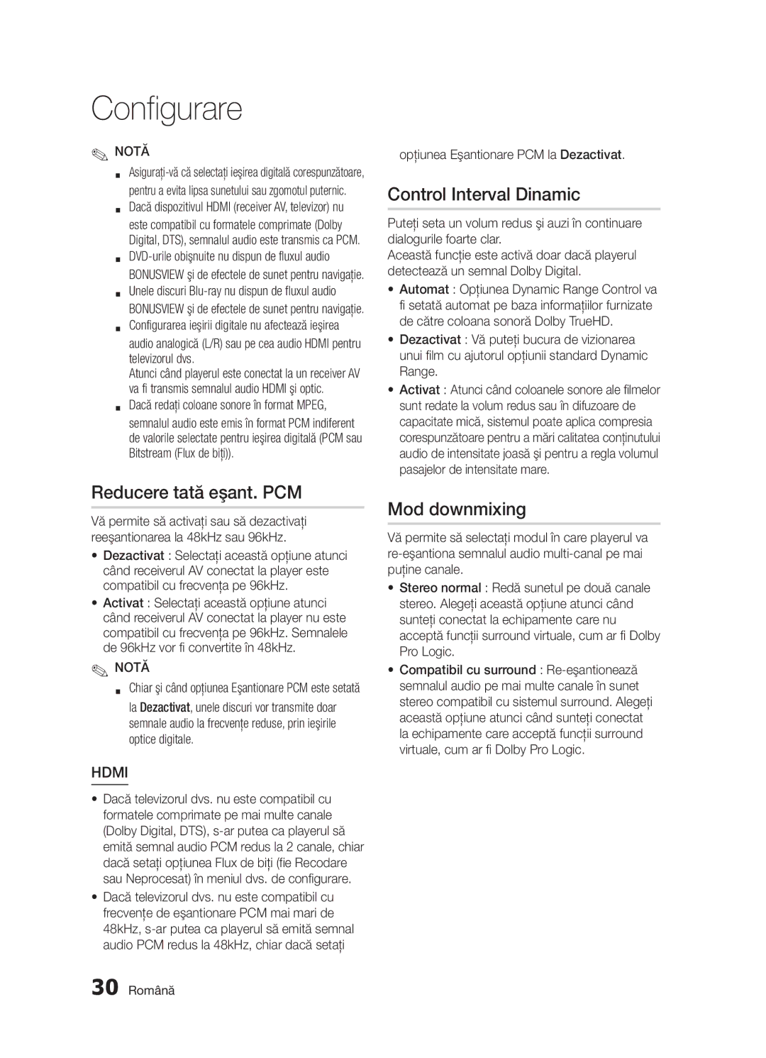 Samsung BD-D5300/EN manual Reducere tată eşant. PCM, Control Interval Dinamic, Mod downmixing, 30 Română 