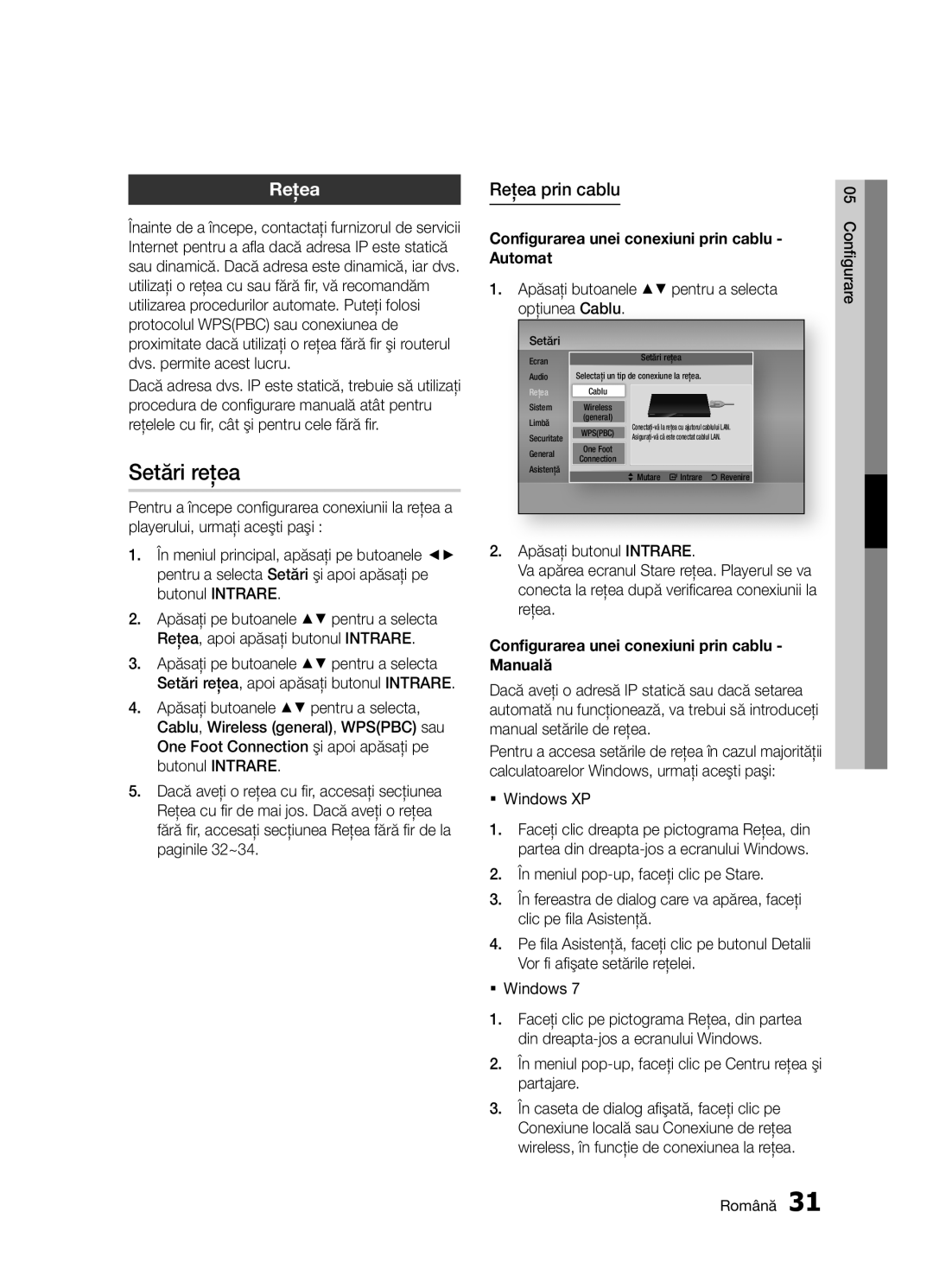 Samsung BD-D5300/EN manual Setări reţea, Reţea prin cablu, Configurarea unei conexiuni prin cablu Automat 