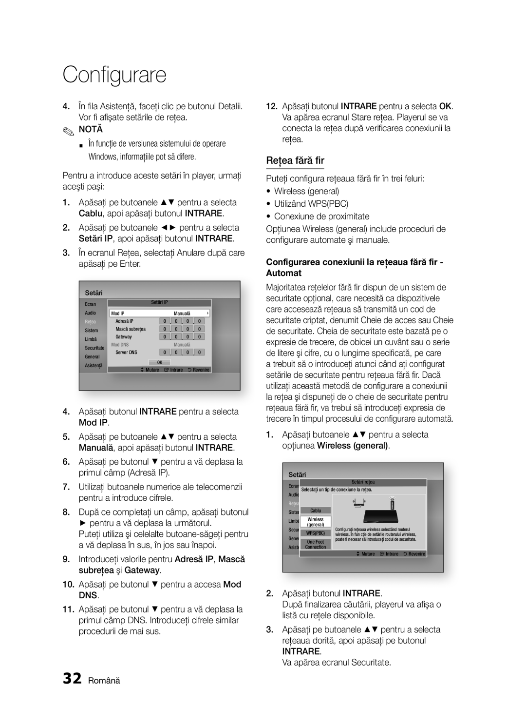 Samsung BD-D5300/EN manual Reţea fără fir, Apăsaţi butonul Intrare pentru a selecta Mod IP, Va apărea ecranul Securitate 