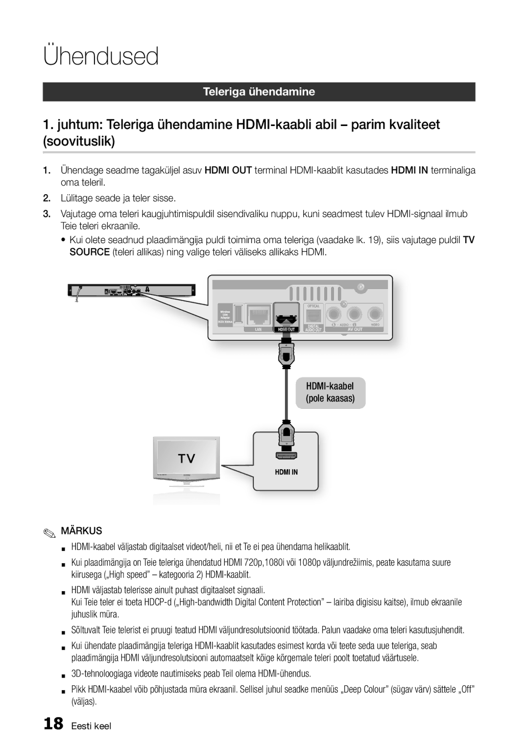 Samsung BD-D5300/EN manual Ühendused, Teleriga ühendamine, HDMI-kaabel pole kaasas 