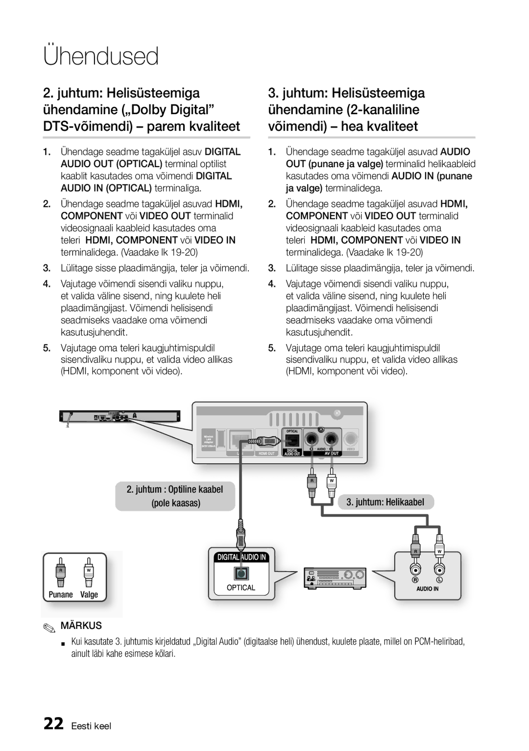 Samsung BD-D5300/EN manual Juhtum Helisüsteemiga, Ühendamine „Dolby Digital DTS-võimendi parem kvaliteet 