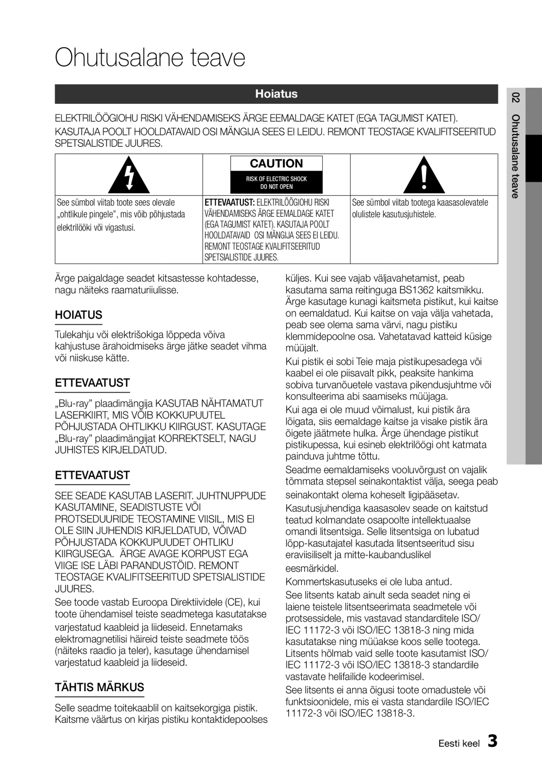 Samsung BD-D5300/EN manual Ohutusalane teave, Hoiatus 