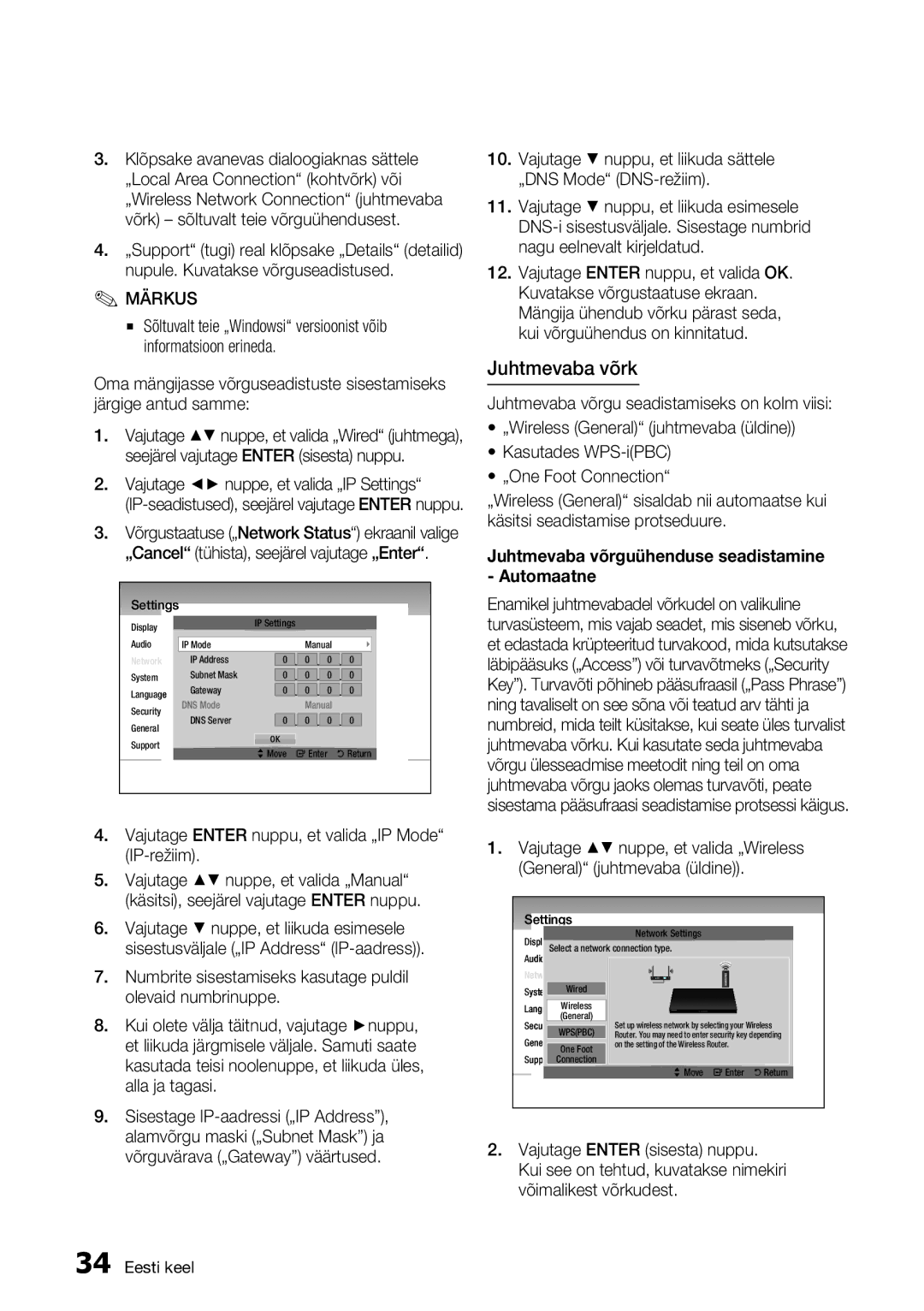 Samsung BD-D5300/EN manual Juhtmevaba võrk, Vajutage Enter nuppu, et valida „IP Mode IP-režiim 