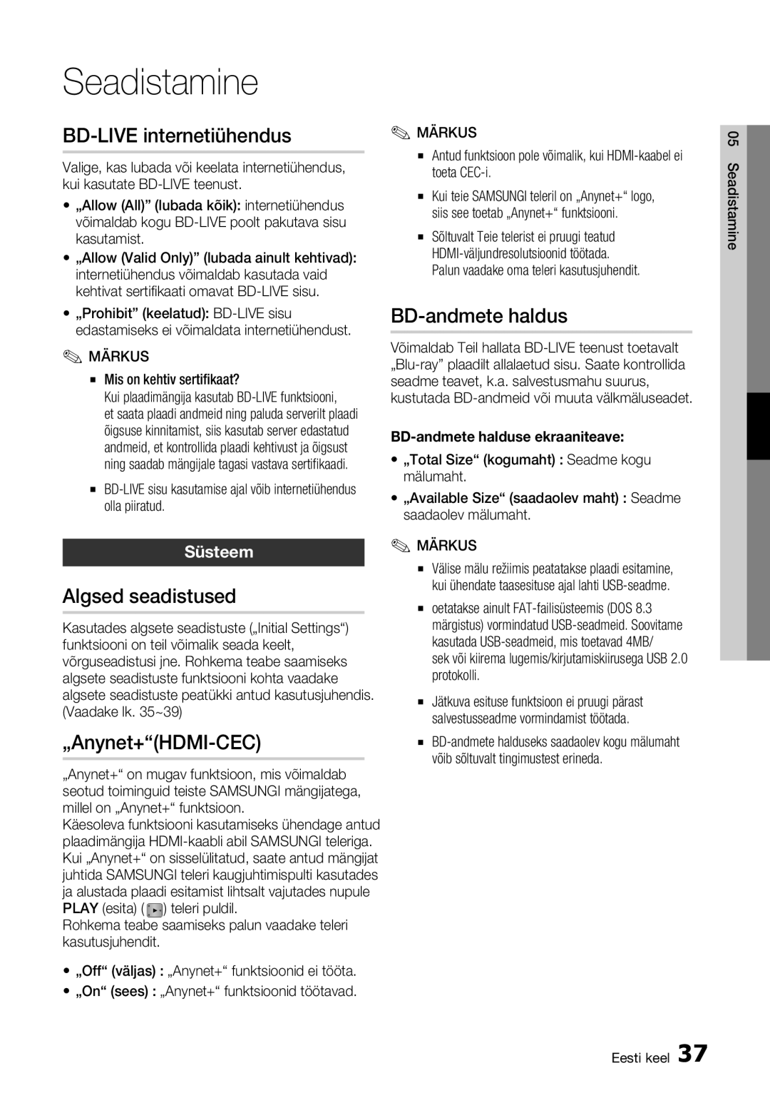 Samsung BD-D5300/EN manual BD-LIVE internetiühendus, Algsed seadistused, „Anynet+HDMI-CEC, BD-andmete haldus, Süsteem 