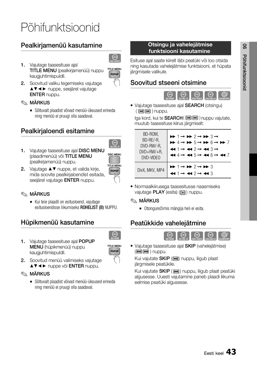 Samsung BD-D5300/EN manual Pealkirjamenüü kasutamine, Soovitud stseeni otsimine, Pealkirjaloendi esitamine 