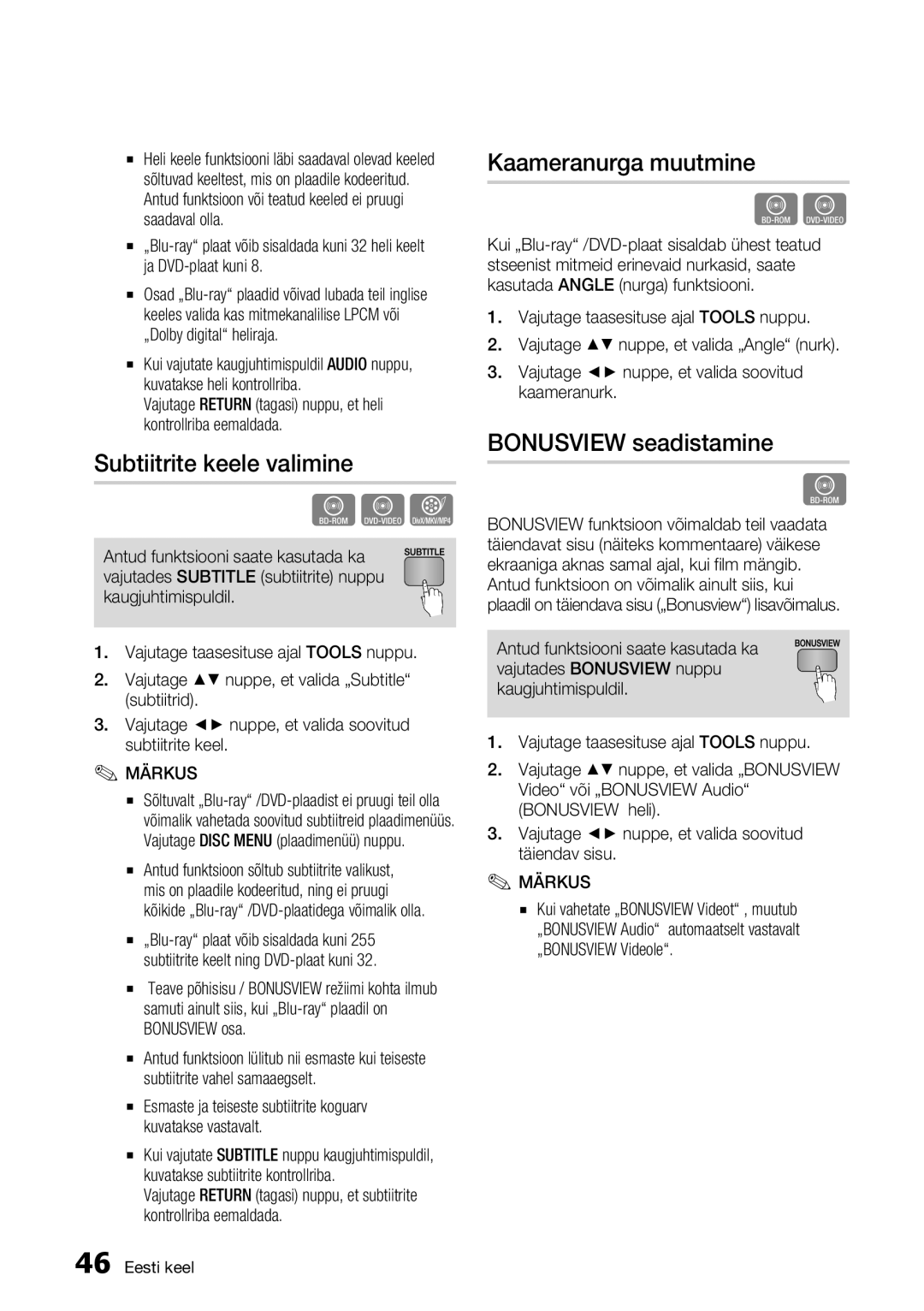 Samsung BD-D5300/EN manual Subtiitrite keele valimine, Kaameranurga muutmine, Bonusview seadistamine 