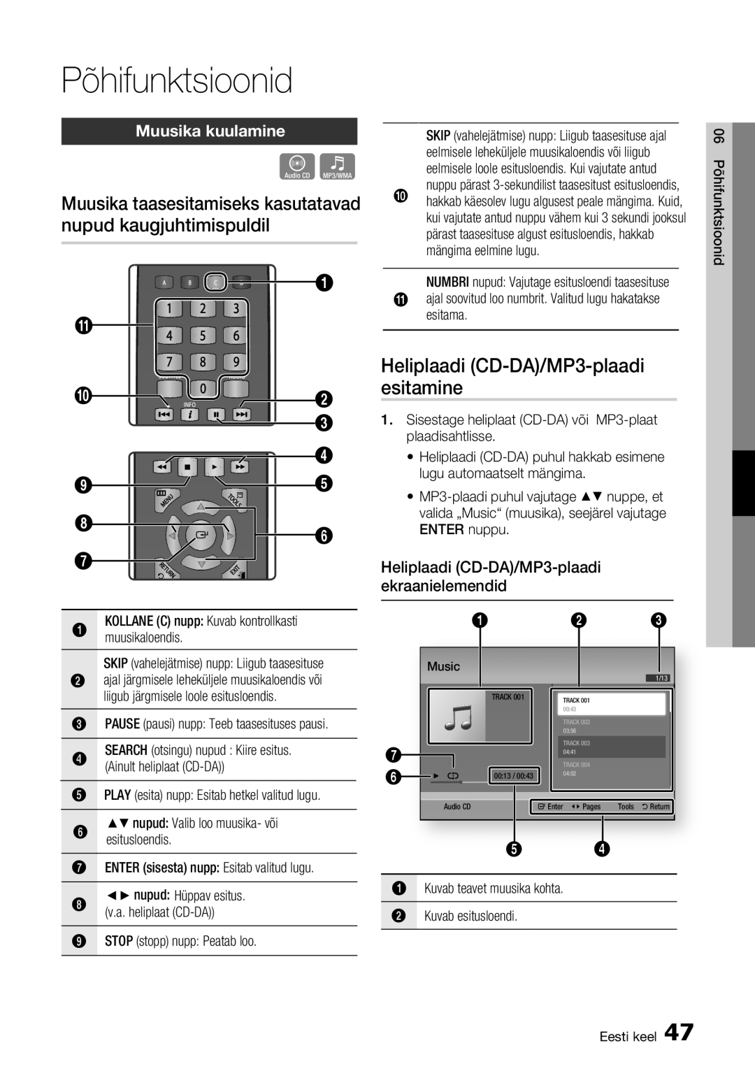 Samsung BD-D5300/EN manual Heliplaadi CD-DA/MP3-plaadi esitamine, Muusika kuulamine 