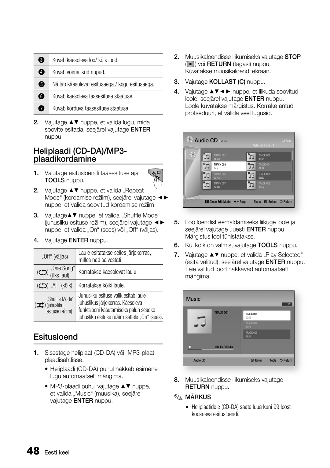 Samsung BD-D5300/EN manual Heliplaadi CD-DA/MP3- plaadikordamine, Esitusloend 