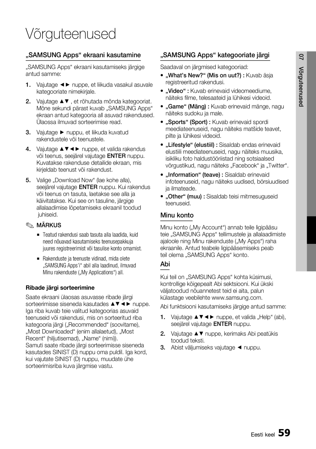 Samsung BD-D5300/EN manual Minu konto, Abi, Ribade järgi sorteerimine, Teil olema „SAMSUNG Apps konto 