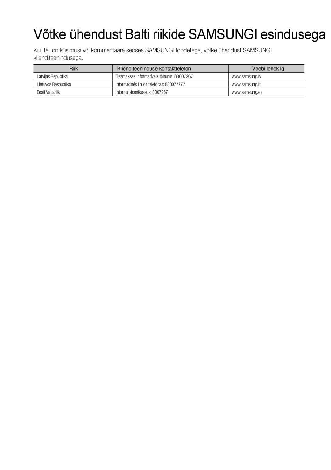 Samsung BD-D5300/EN manual Võtke ühendust Balti riikide Samsungi esindusega 