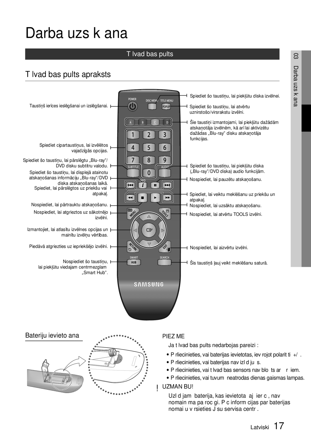 Samsung BD-D5300/EN manual Tālvadības pults apraksts, Bateriju ievietošana 