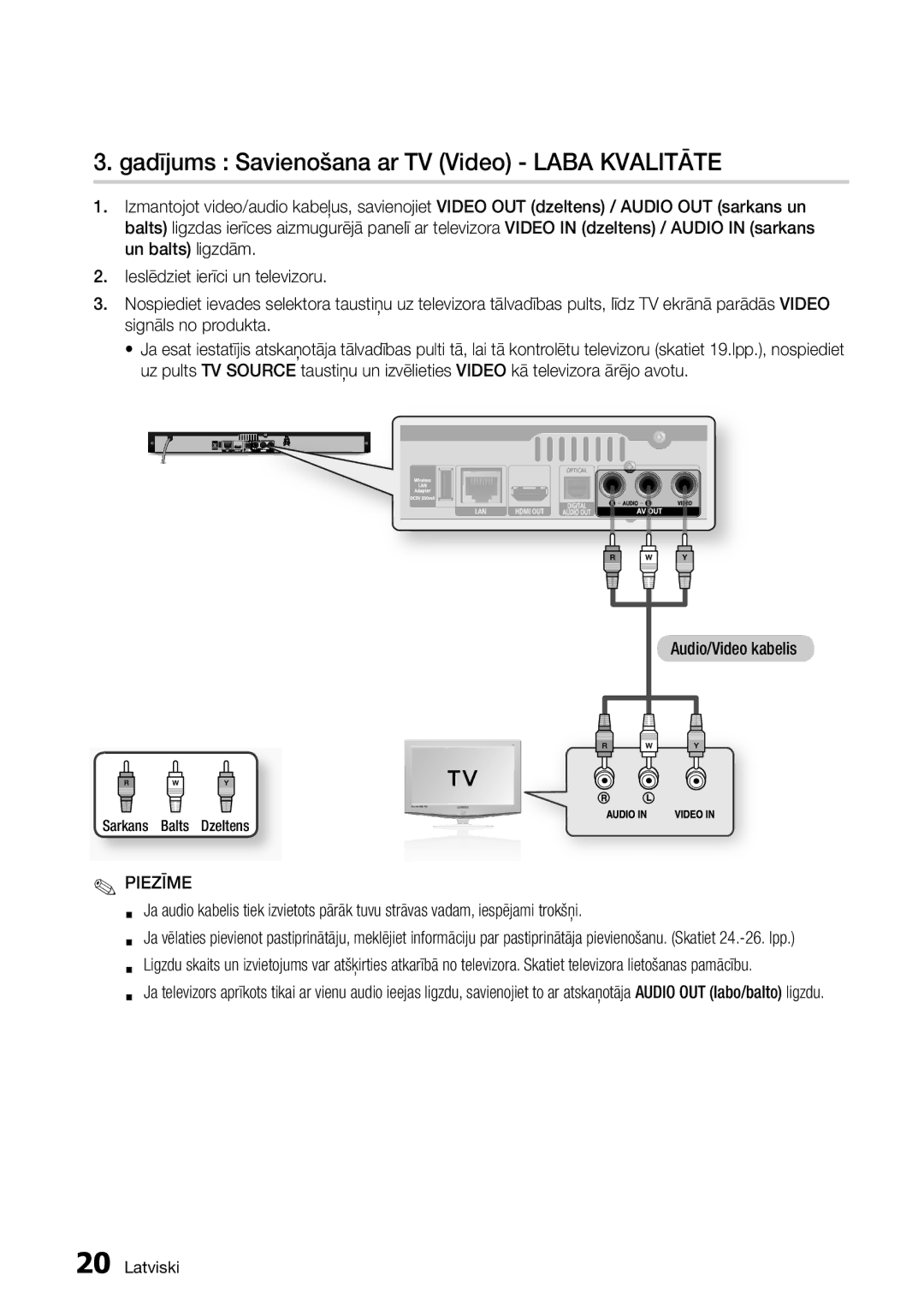 Samsung BD-D5300/EN manual Gadījums Savienošana ar TV Video Laba Kvalitāte 