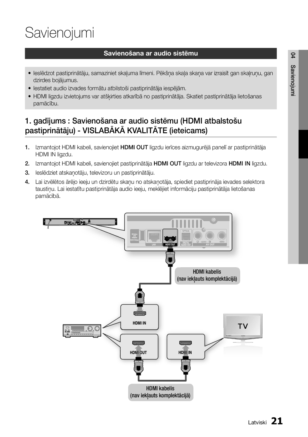 Samsung BD-D5300/EN manual Savienojumi, Savienošana ar audio sistēmu 