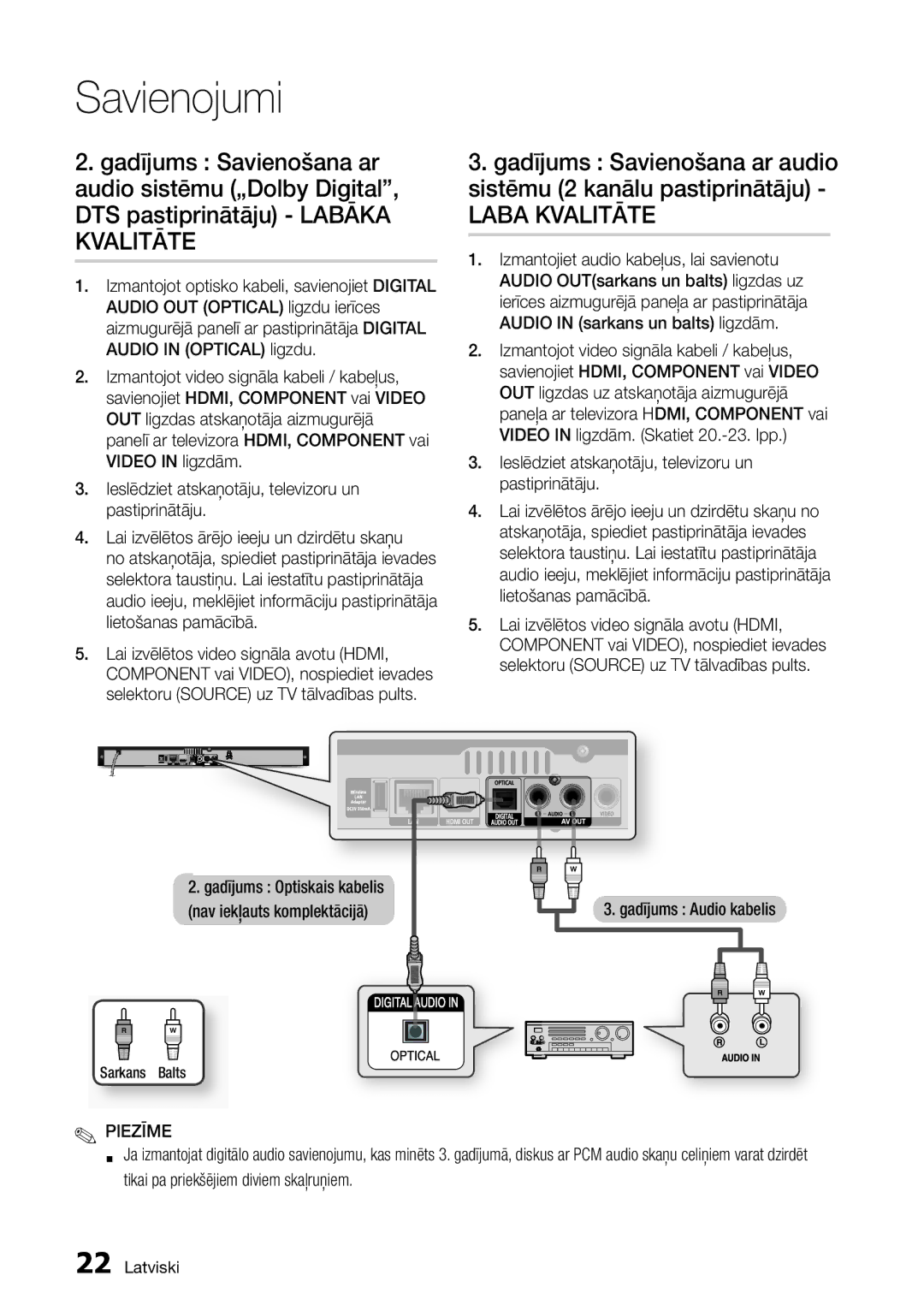 Samsung BD-D5300/EN manual Laba Kvalitāte, Gadījums Audio kabelis 