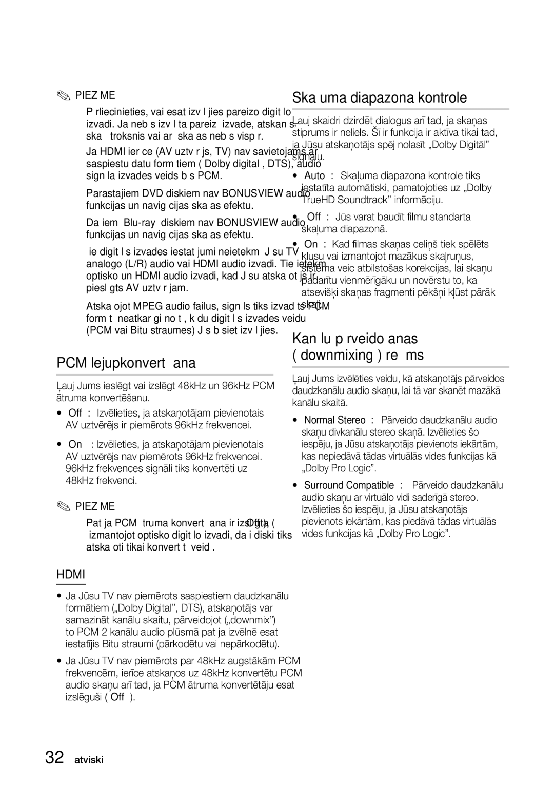 Samsung BD-D5300/EN manual PCM lejupkonvertēšana, Skaļuma diapazona kontrole, Kanālu pārveidošanas „downmixing režīms 