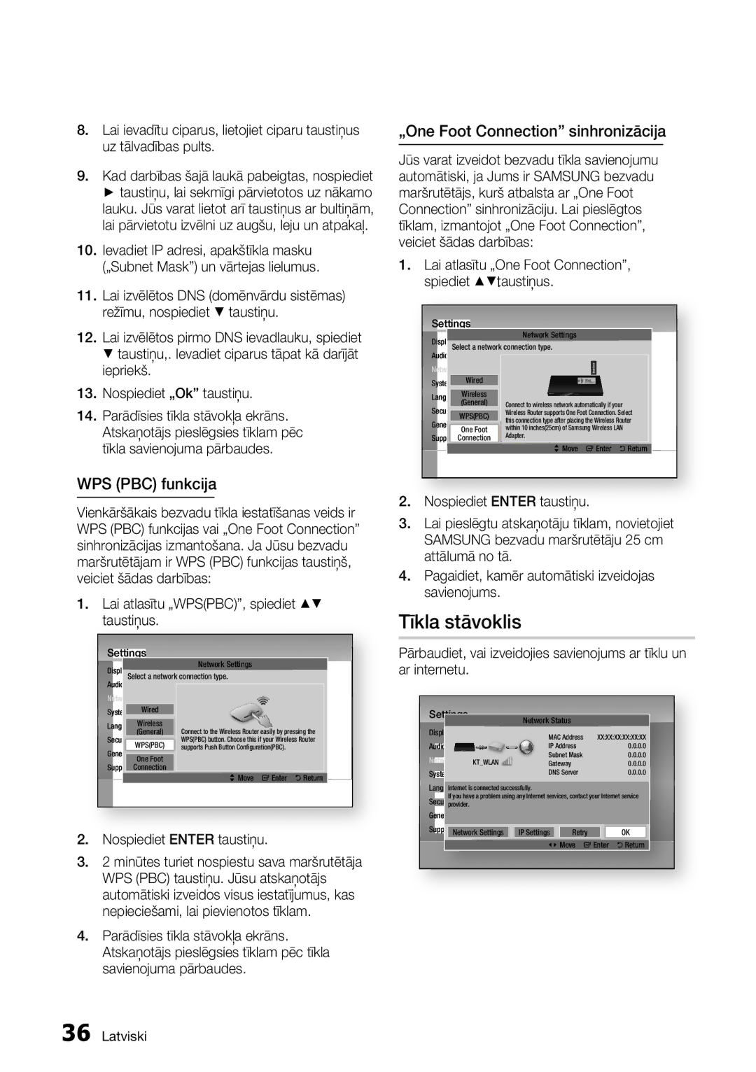 Samsung BD-D5300/EN manual Tīkla stāvoklis, WPS PBC funkcija, „One Foot Connection sinhronizācija 