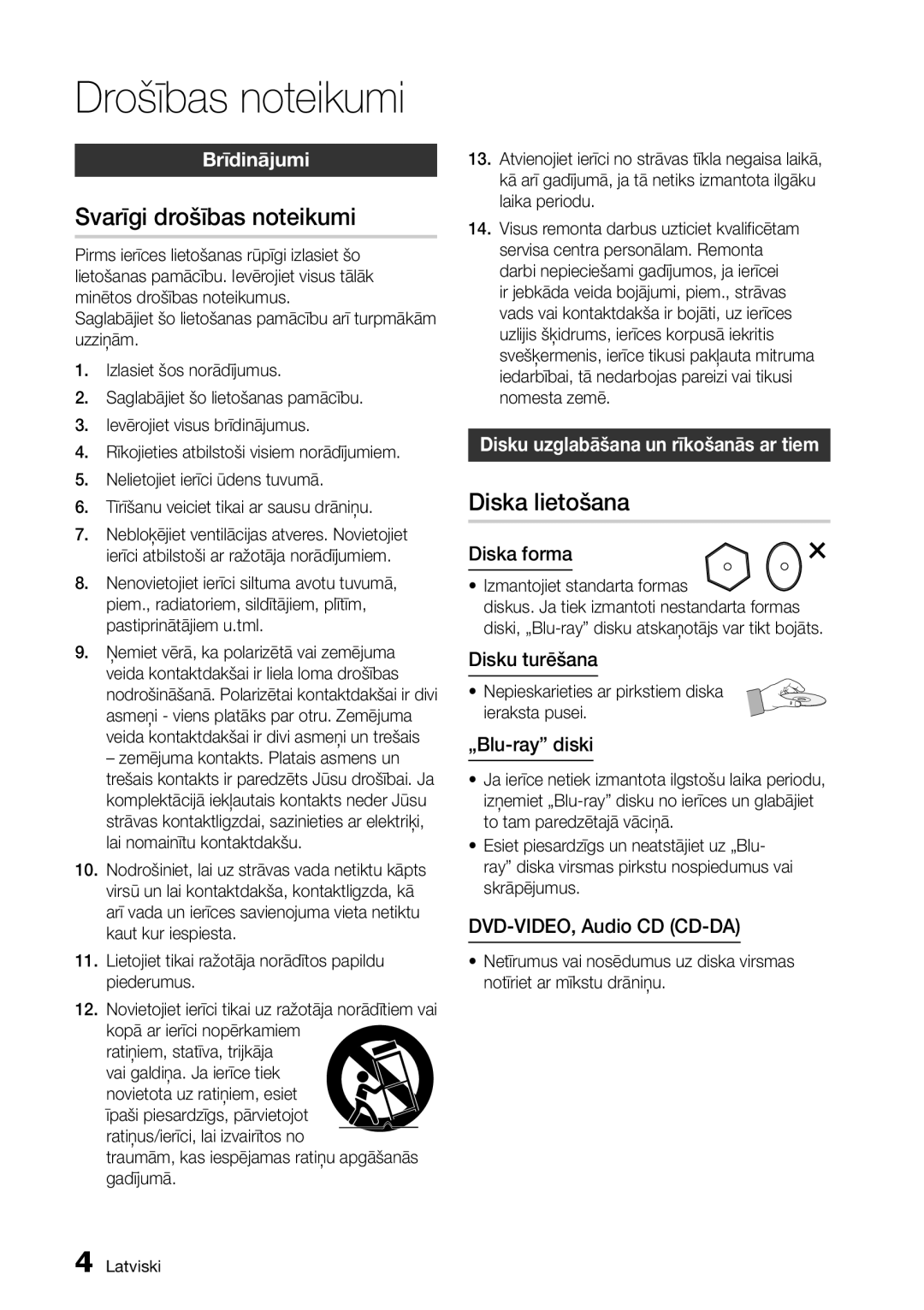 Samsung BD-D5300/EN manual Svarīgi drošības noteikumi, Diska lietošana, Brīdinājumi, Disku uzglabāšana un rīkošanās ar tiem 