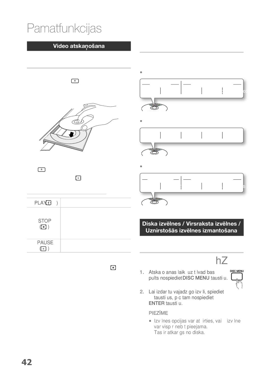 Samsung BD-D5300/EN manual Pamatfunkcijas, Atskaņošana, Diska uzbūve, Diska izvēlnes izmantošana, Video atskaņošana 