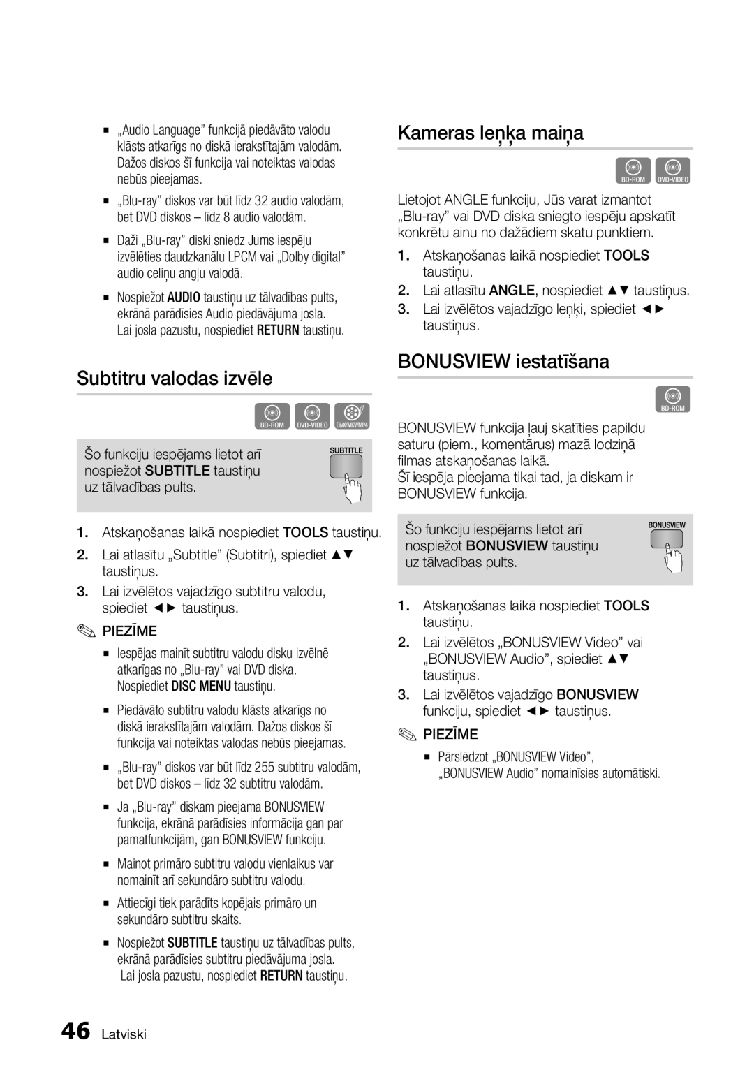 Samsung BD-D5300/EN manual Kameras leņķa maiņa, Subtitru valodas izvēle, Bonusview iestatīšana 