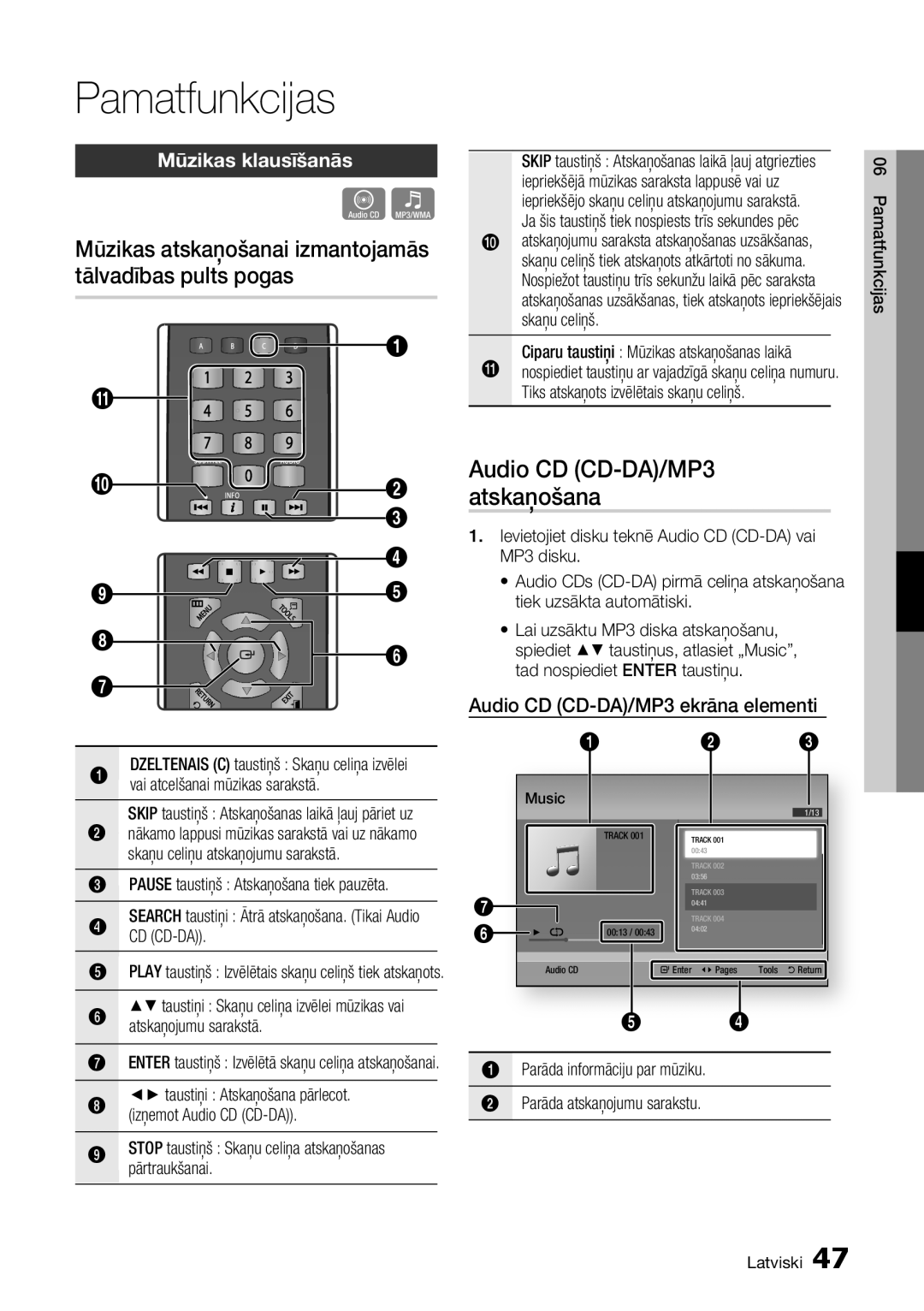 Samsung BD-D5300/EN manual Mūzikas klausīšanās, Audio CD CD-DA/MP3 ekrāna elementi 