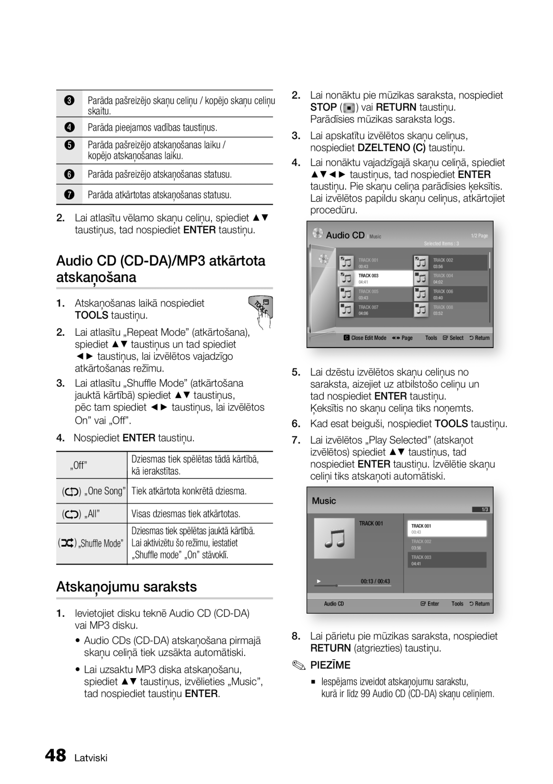 Samsung BD-D5300/EN manual Audio CD CD-DA/MP3 atkārtota atskaņošana, Atskaņojumu saraksts 