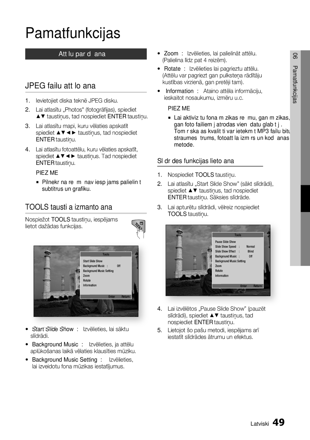 Samsung BD-D5300/EN manual Jpeg failu attēlošana, Attēlu parādīšana, Slīdrādes funkcijas lietošana 