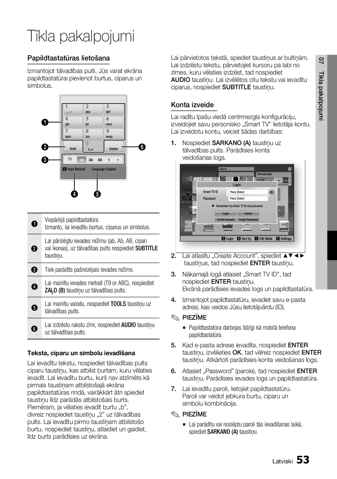 Samsung BD-D5300/EN manual Papildtastatūras lietošana, Konta izveide, Teksta, ciparu un simbolu ievadīšana 