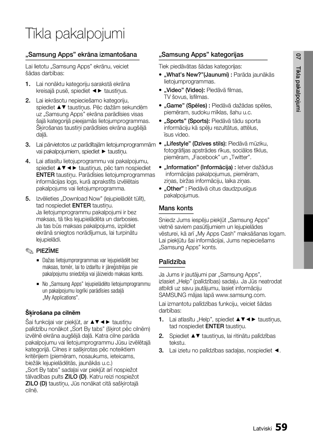 Samsung BD-D5300/EN manual „Samsung Apps kategorijas, Mans konts, Palīdzība, Šķirošana pa cilnēm 