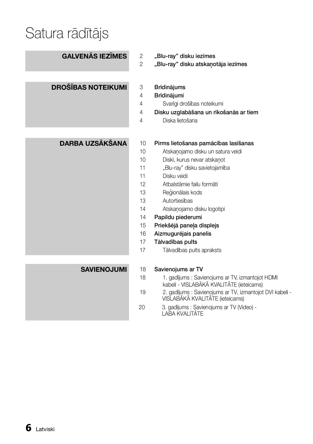 Samsung BD-D5300/EN manual Satura rādītājs, Savienojums ar TV, Kabeli Vislabākā Kvalitāte ieteicams 