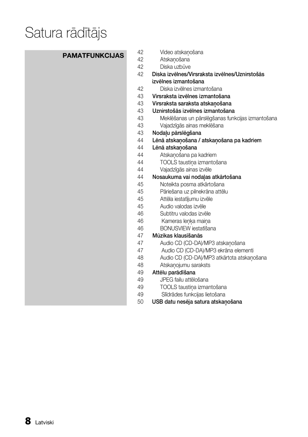 Samsung BD-D5300/EN manual Pamatfunkcijas 