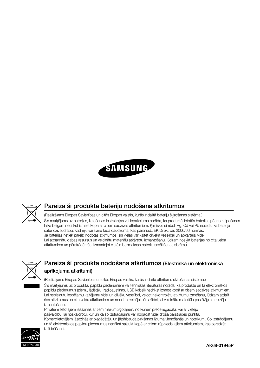 Samsung BD-D5300/EN manual Pareiza šī produkta bateriju nodošana atkritumos, Aprīkojuma atkritumi 